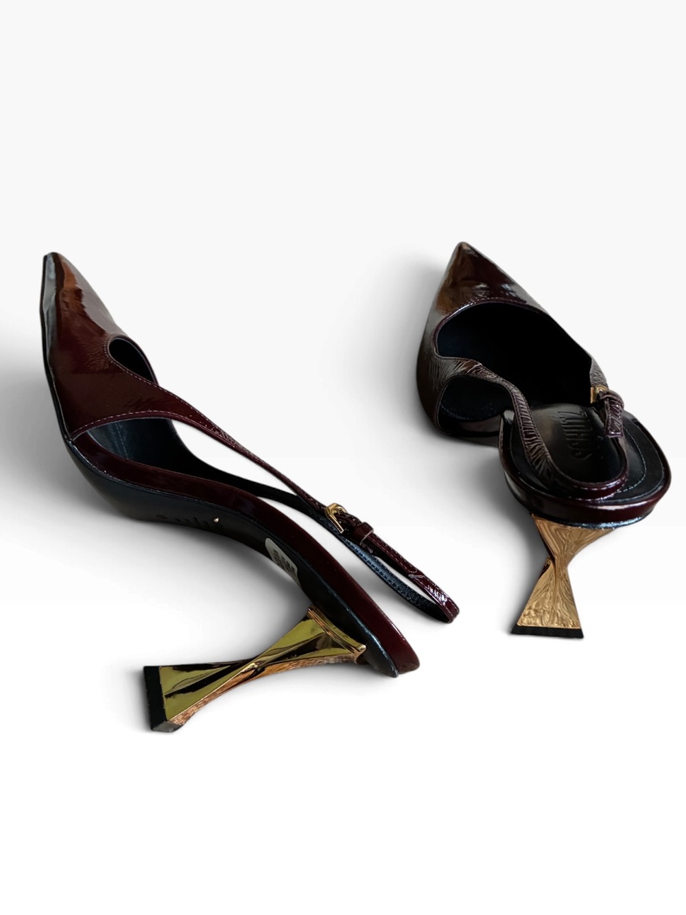 Schutz Elisha Burgundy Maplewood Patent Leather Slingback Pumps Gold Heels 10.5 - Picture 11 of 15